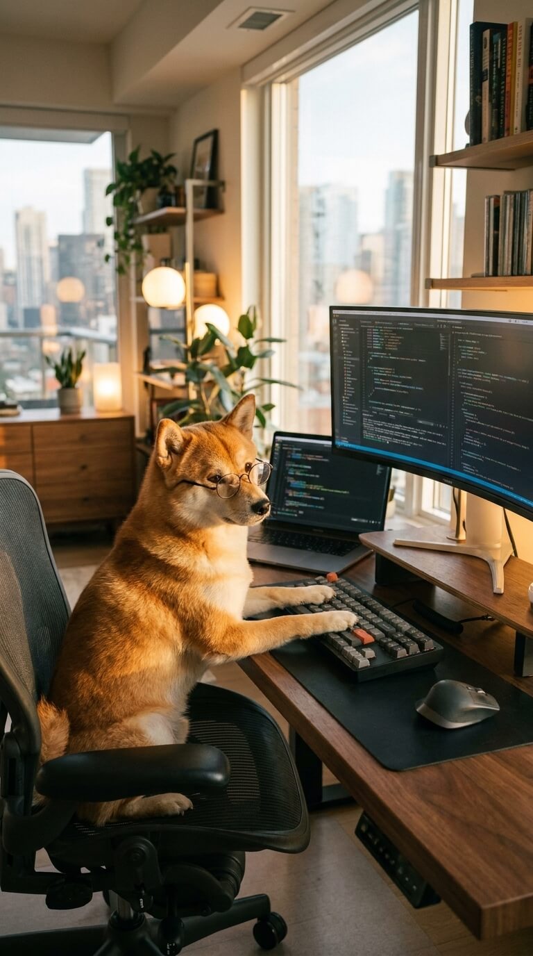 在家办公专注编程的柴犬程序员